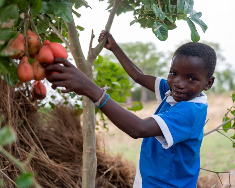 Akuya smiling and picking fruit after cleft surgery